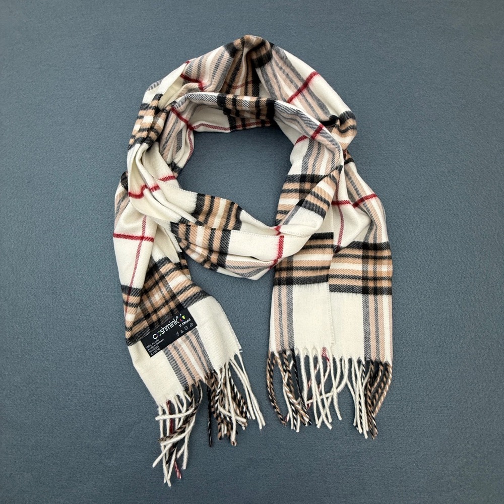 V. Fraas Scarf Unisex Cream Plaid Cashmink Fringe Soft Warm 11x66"